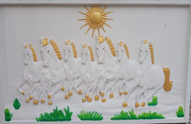 Seven Running Horses with Golden Accents Seven Running Horses Golden Accents stone wall mural