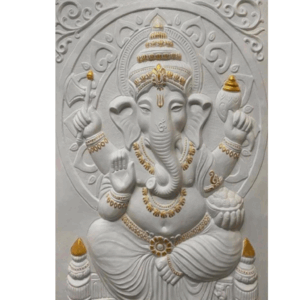White Marble Ganesha Stone Wall Mural Gold Accents