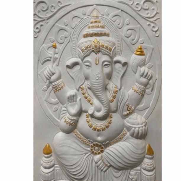 White Marble Ganesha Stone Wall Mural Gold Accents White Marble Ganesha Stone Wall Mural Gold Accents