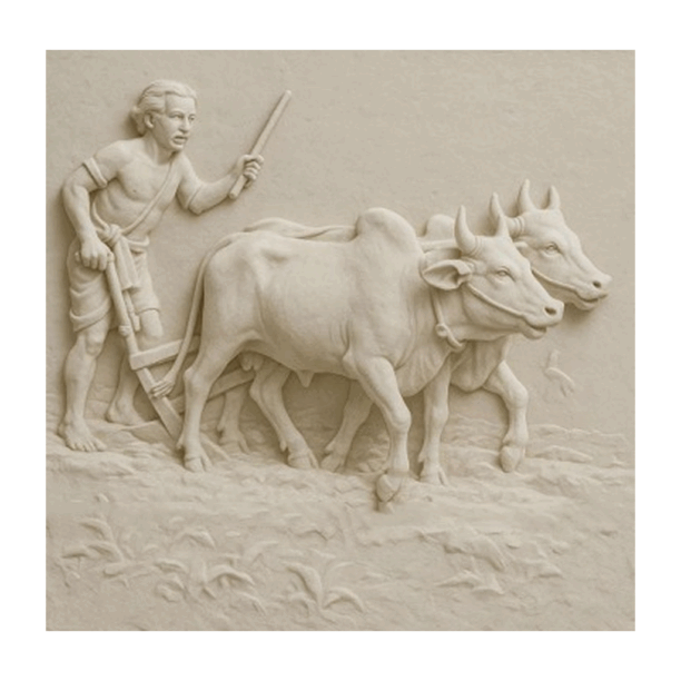 Farmer Plowing with Oxen Relief stone Mural Panel