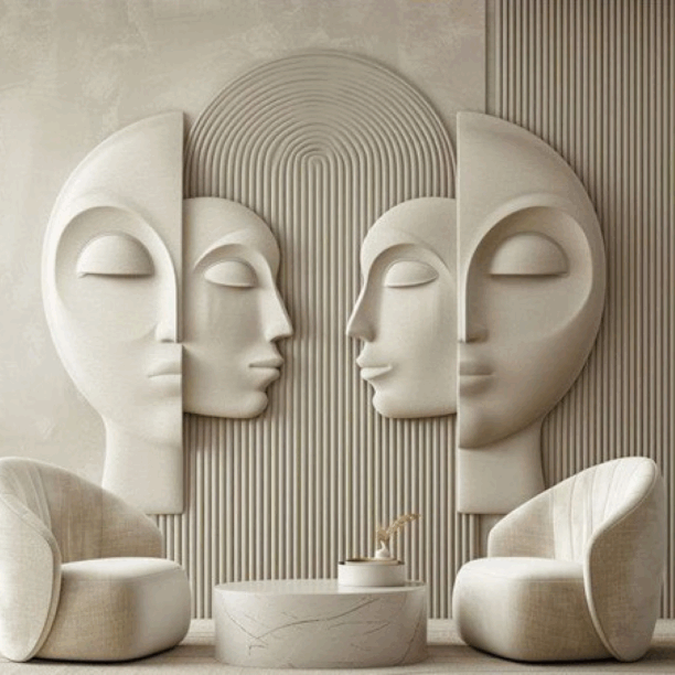 3D Abstract Face Stone Wall Mural – Living Room Panel