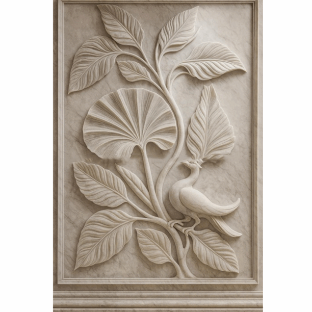 Ganesha 3D Stone w3D craved leaf wall mural with birds (2)all mural Peacock Craved Leaf Stone Wall Mural