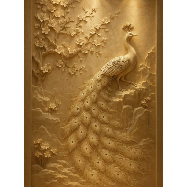 Golden Blossom Peacock Stone wall Mural Golden Blossom Peacock Stone wall Mural