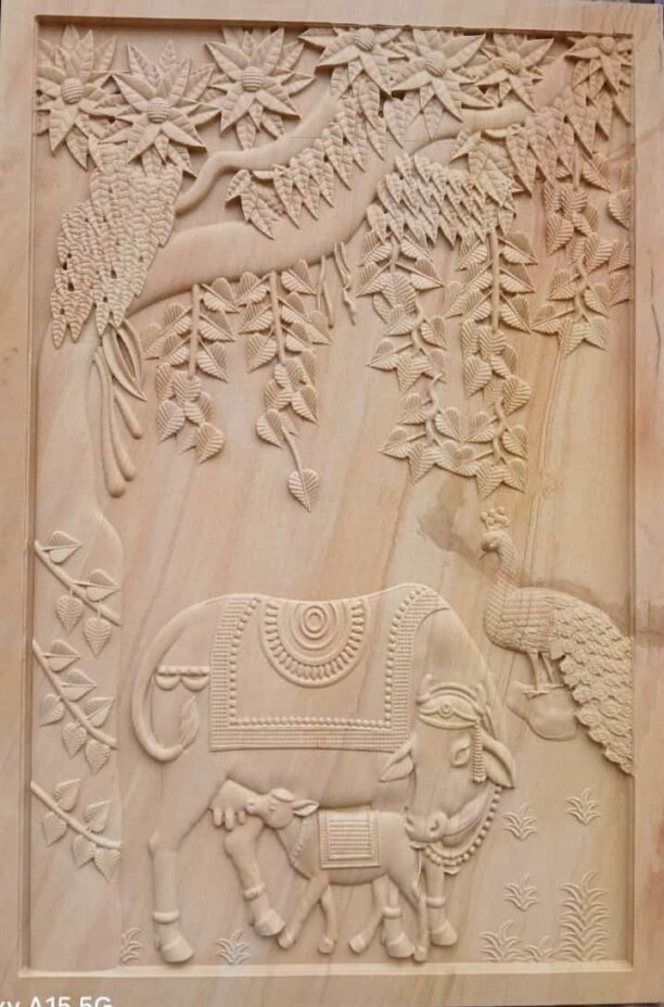 3D Kamadhenu Cow & Peacock Wall Mural Panel – Natur