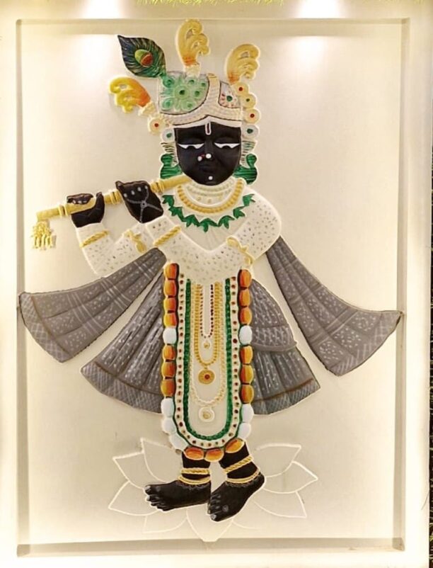 Colored 3D Lord Krishna Stone Wall Mural