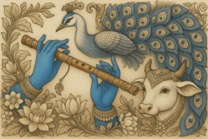 3D colourfull peacock stone wall mural (2) Blue Krishna Peacock Cow Wall Mural