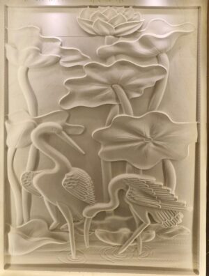 3D Lotus Pond with Cranes Stone Wall Mural Panel