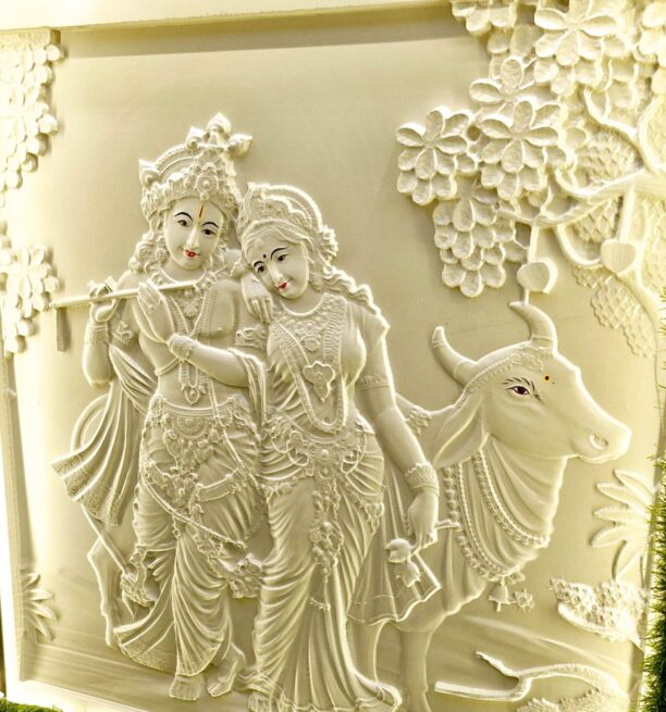 Elegant Radha Krishna Kamadhenu 3D Stone Wall Mural